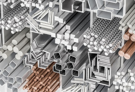 Stacked metal pipes in shelves